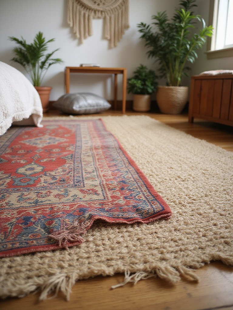 Boho bedroom floor with layered jute and Persian rugs.