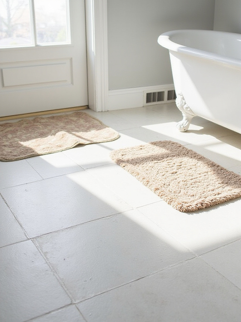 Layered bath mats on a tile bathroom floor, with a smaller plush mat over a larger patterned rug near a bathtub, adding warmth and style.