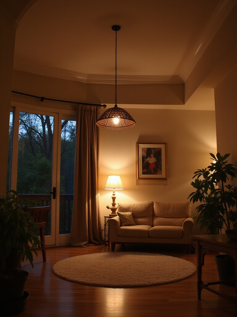 A cozy living room bathed in warm, layered light from recessed lights, a pendant, a floor lamp, and accent lights on artwork and a plant, demonstrating effective lighting design.