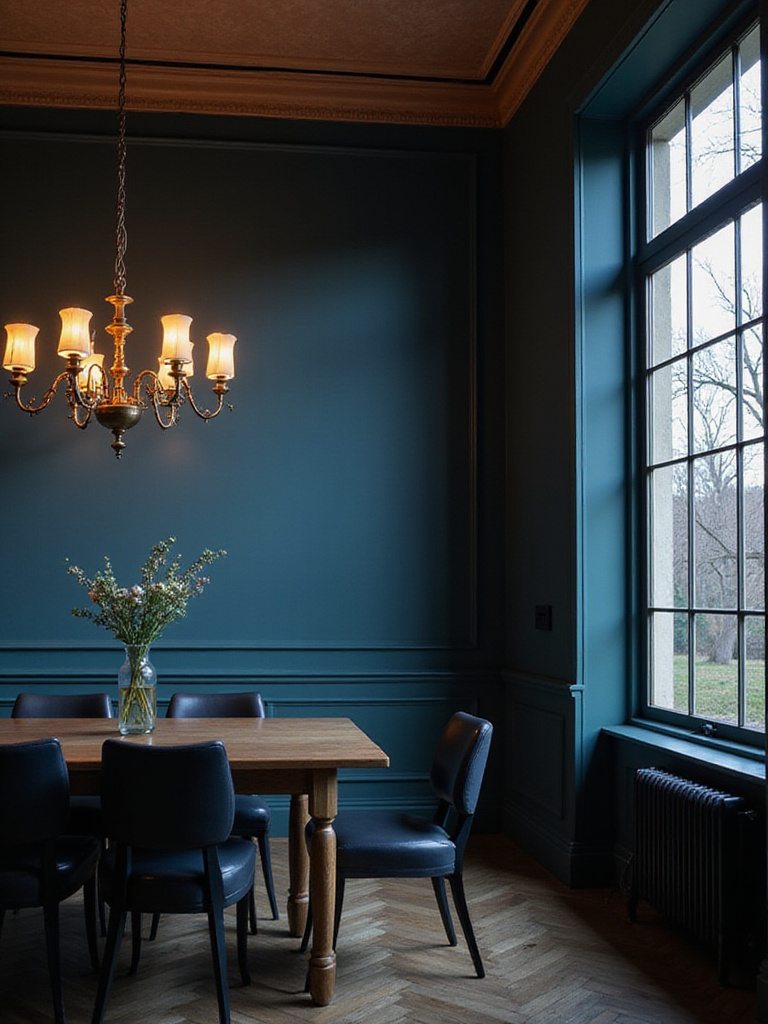 Dining room wall painted deep blue, showing how the color appears warmer under a chandelier's light and cooler under natural window light.