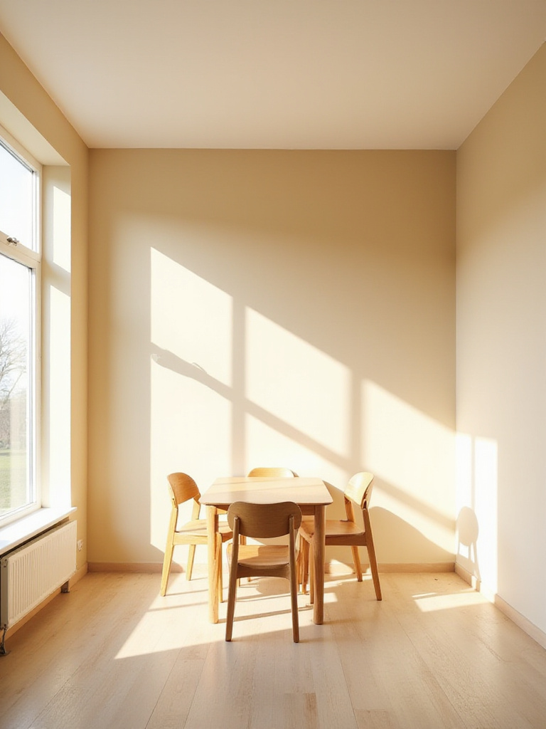 Bright dining room interior featuring light beige walls and a white ceiling designed to enhance natural light and create an airy feel.