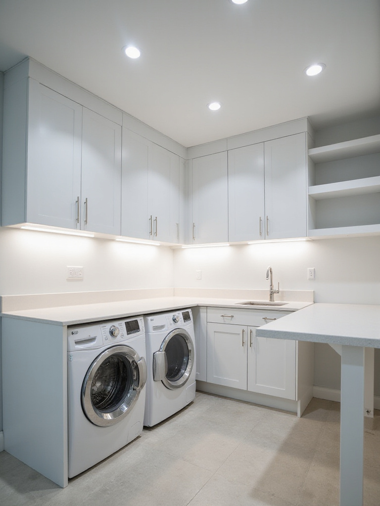 Brightly lit and organized laundry room featuring modern overhead LED lights and task lighting under cabinets, highlighting the workspace and machines.