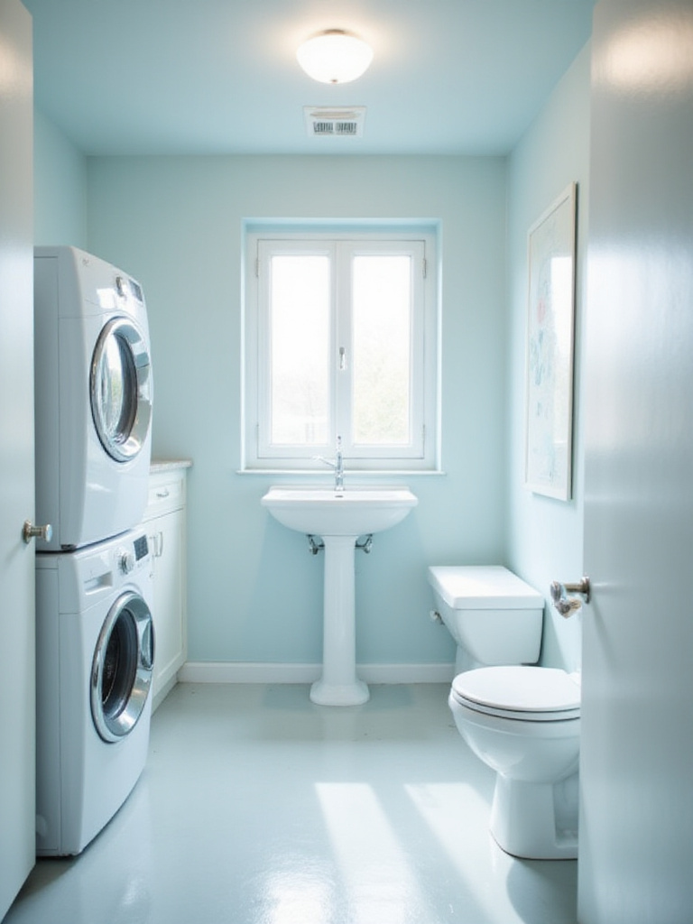 A bright laundry bathroom featuring walls painted in a light color, a stacked washer and dryer, and a small vanity. The space feels clean and illuminated.