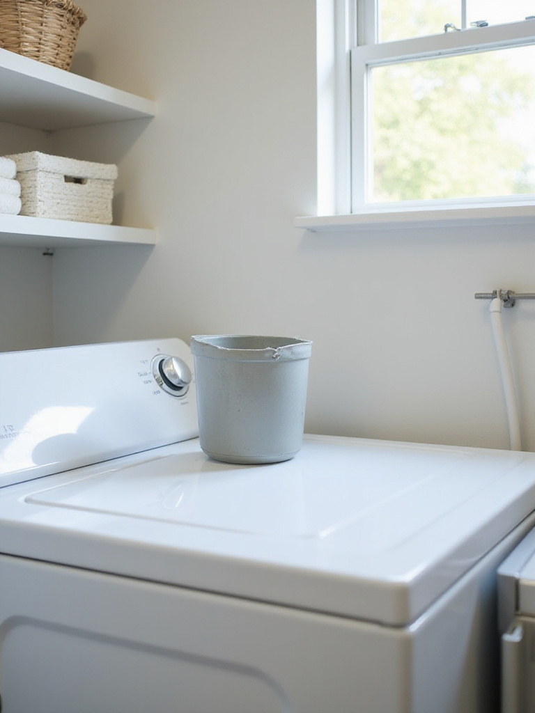 Organized laundry room with a stylish bin next to the dryer for easy lint disposal.