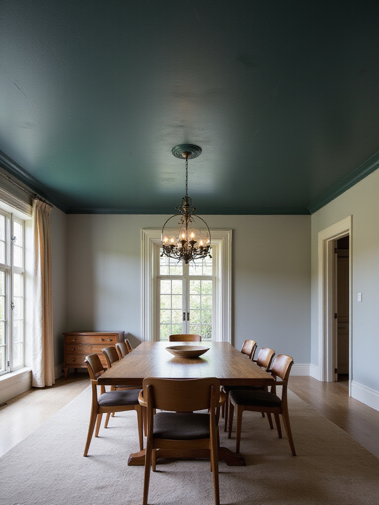 Sophisticated dining room with a long table and chairs. The ceiling is painted a dramatic deep navy blue, contrasting with the neutral walls and creating an intimate atmosphere, highlighting the unique paint choice.