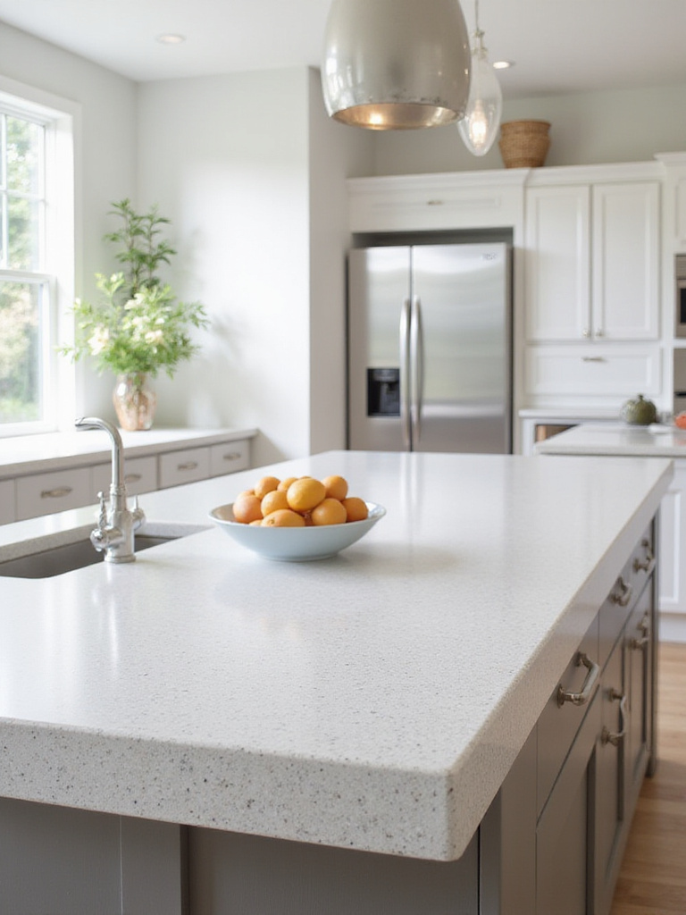 Modern kitchen featuring a trendy warm gray quartz island countertop contrasted with classic white perimeter countertops, illustrating how current color trends can be incorporated into a timeless design.