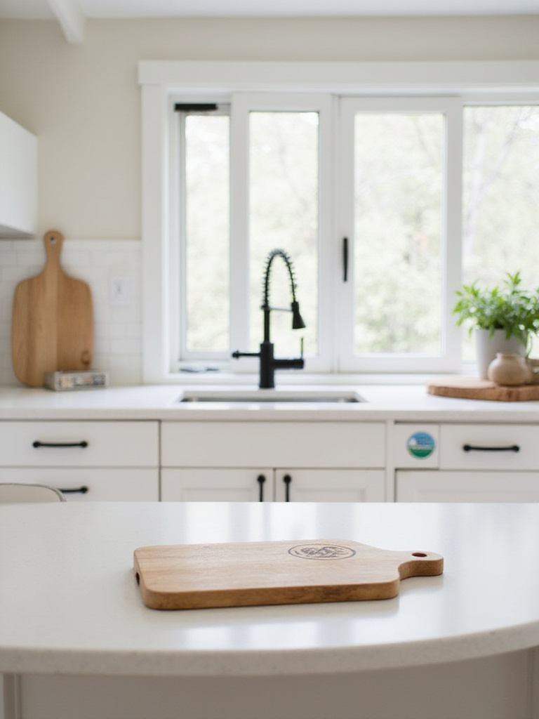 Sustainable kitchen products with eco-certifications: FSC certified cutting board, WaterSense faucet, and GREENGUARD certified cabinet.