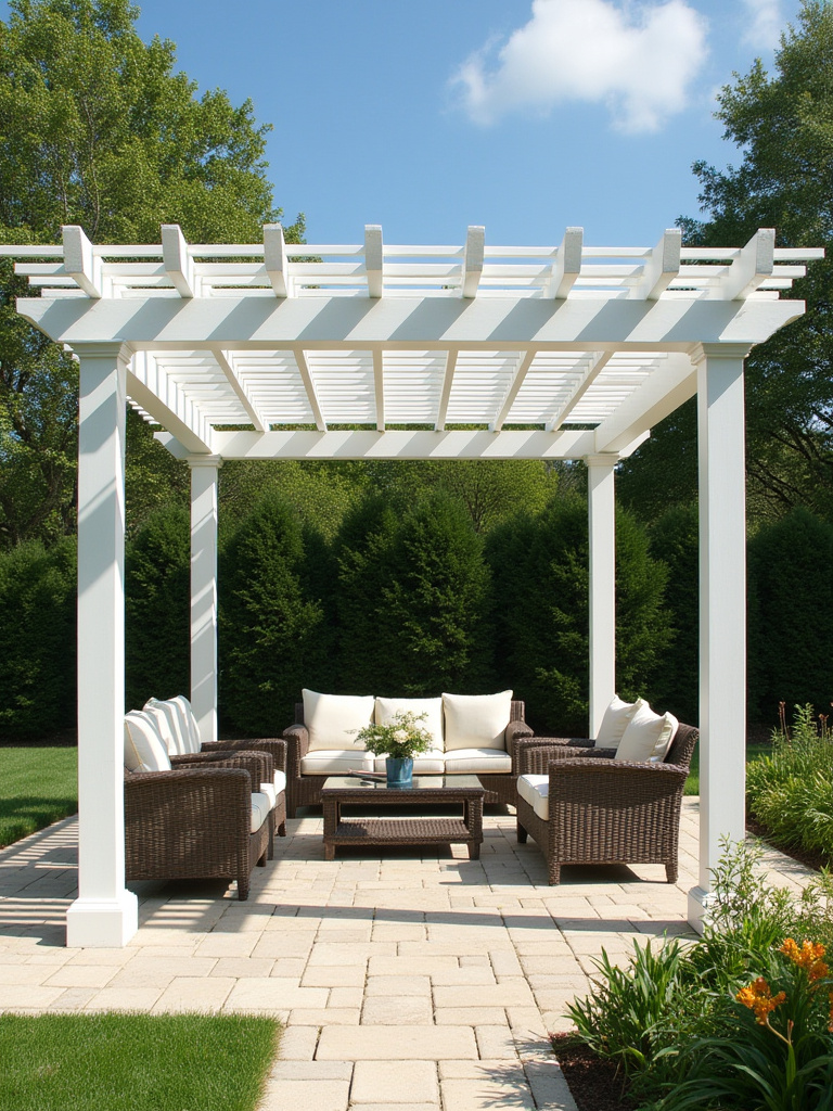 A clean white vinyl pergola with a classic design over a patio with outdoor seating.