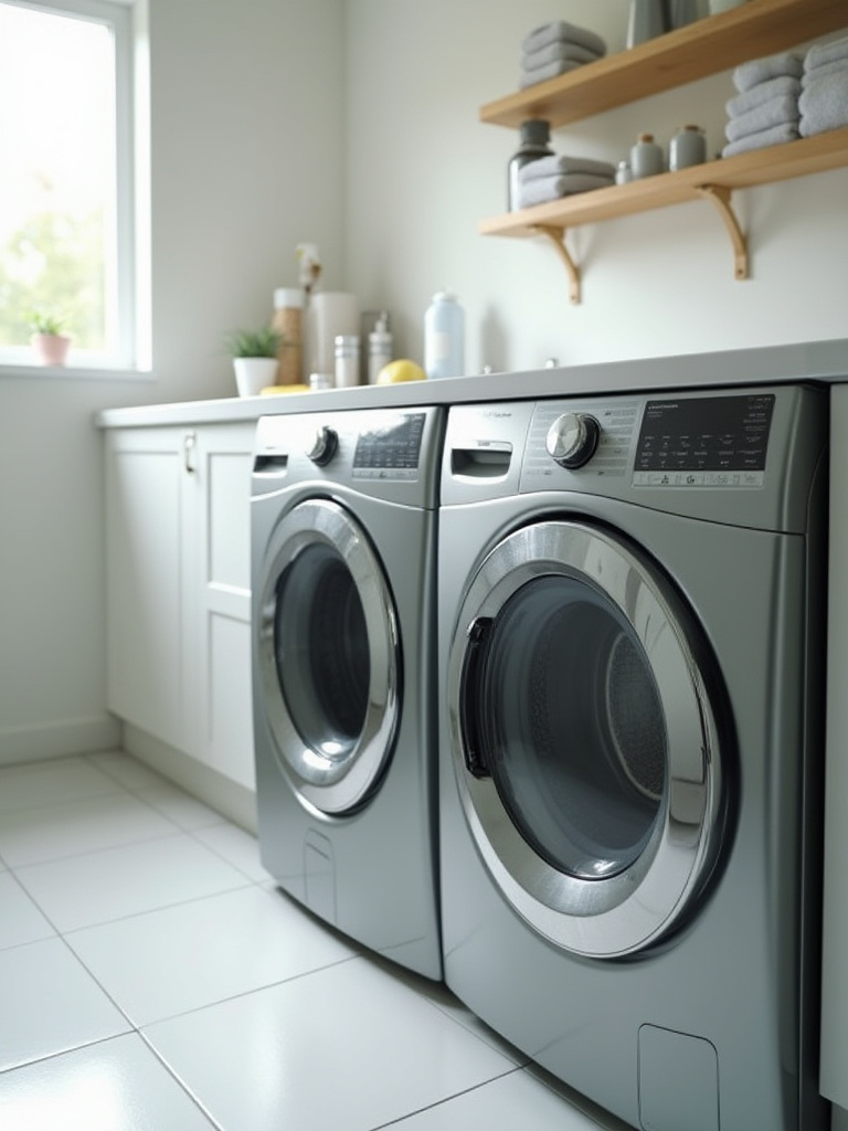 A clean and organized laundry room featuring spotless stainless steel washing machine and dryer, highlighting the importance of machine maintenance.
