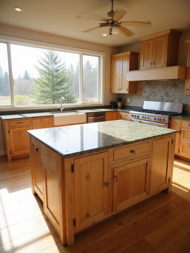 Eco-friendly kitchen renovation with recycled glass countertop, bamboo flooring, and reclaimed wood cabinetry.