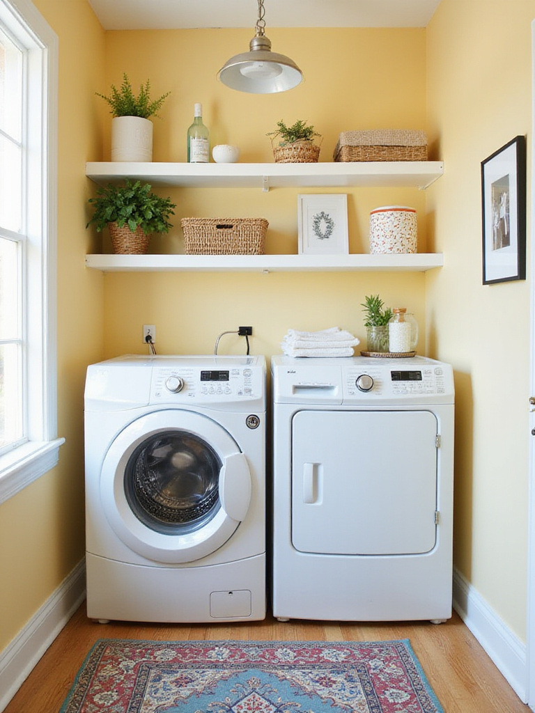 A bright, organized laundry room featuring decorative elements like framed art, plants, stylish storage baskets, and a colorful rug, making the space feel more inviting.