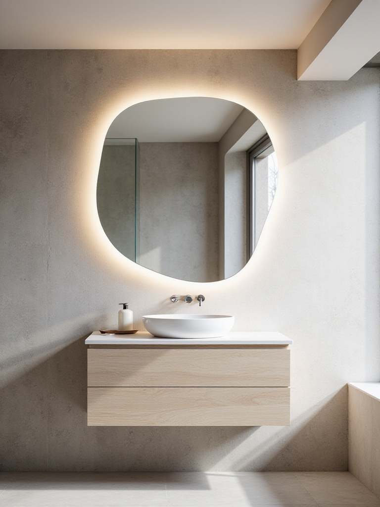 A modern bathroom featuring a large, uniquely shaped organic mirror with integrated LED backlighting above a minimalist floating vanity, illustrating how a mirror can be a statement piece.