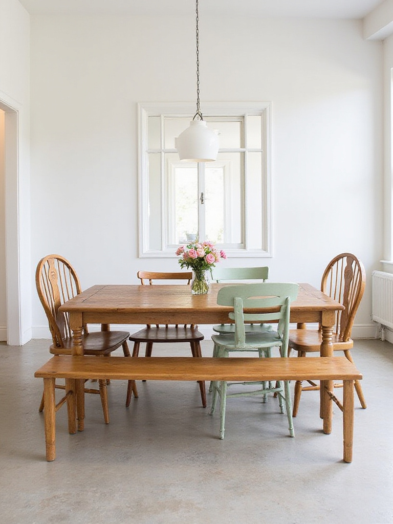 A farmhouse dining table with artfully mixed and matched chairs, including Windsor and painted ladder-back styles, creating a charming, collected-over-time look.