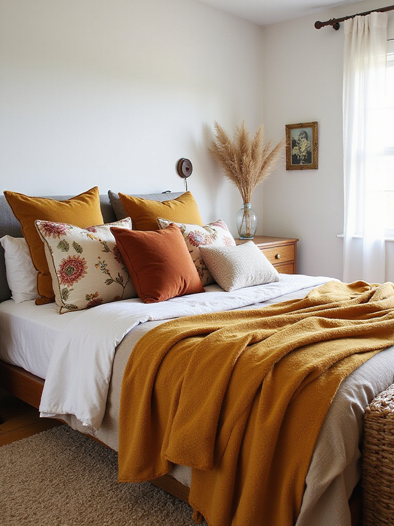 Boho bedroom with layered pillows and throws in earthy tones and mixed textures.