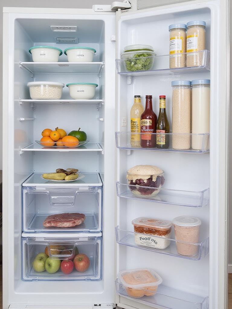 Interior view of a perfectly organized refrigerator with food stored in clear containers and designated zones.