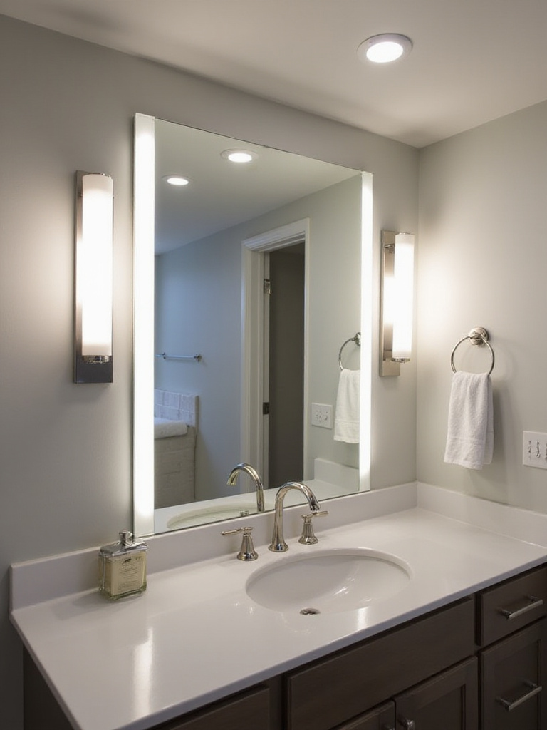 Modern bathroom vanity with well-placed vertical sconces providing bright, shadow-free task lighting for grooming.