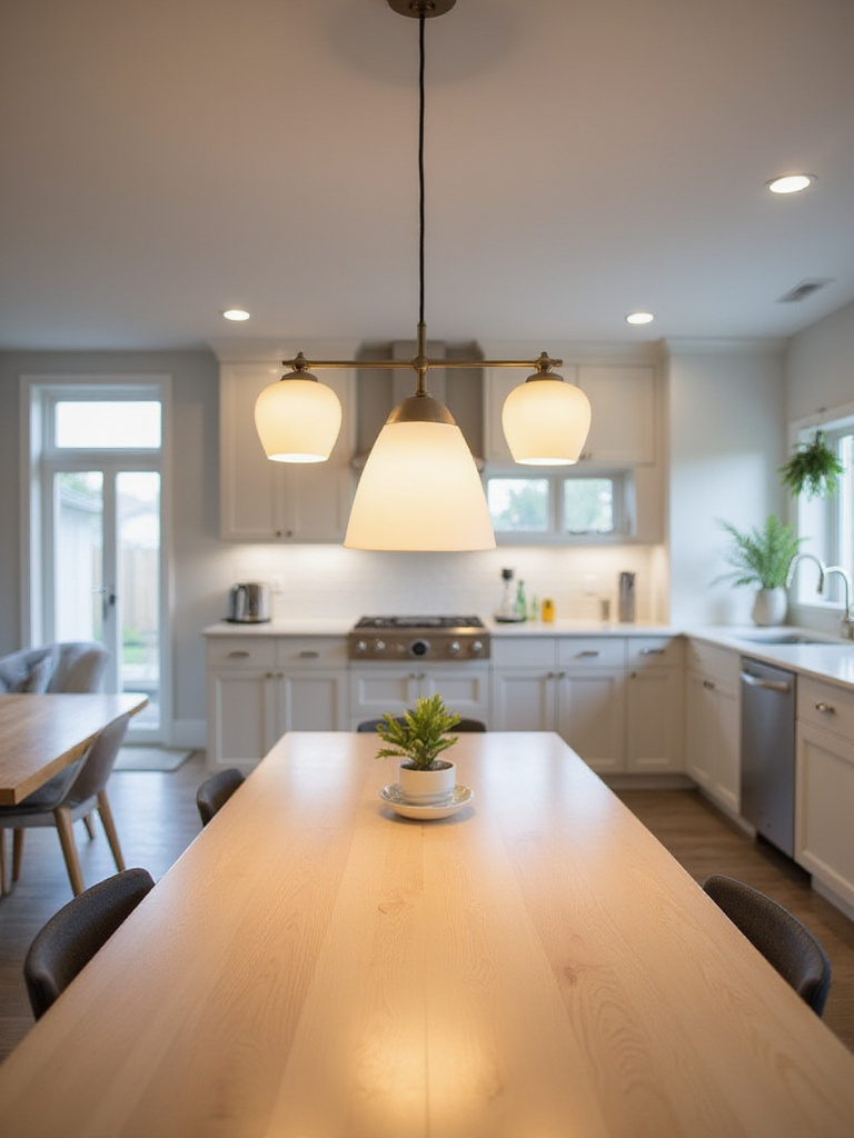 Kitchen with rectangular table and properly sized linear pendant light