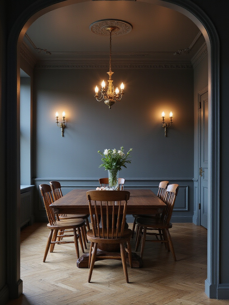 Sophisticated dining room with walls painted in a deep, matte grey finish, showcasing the low-glare, rich color appearance. Features a wooden dining table and chairs under a warm chandelier.