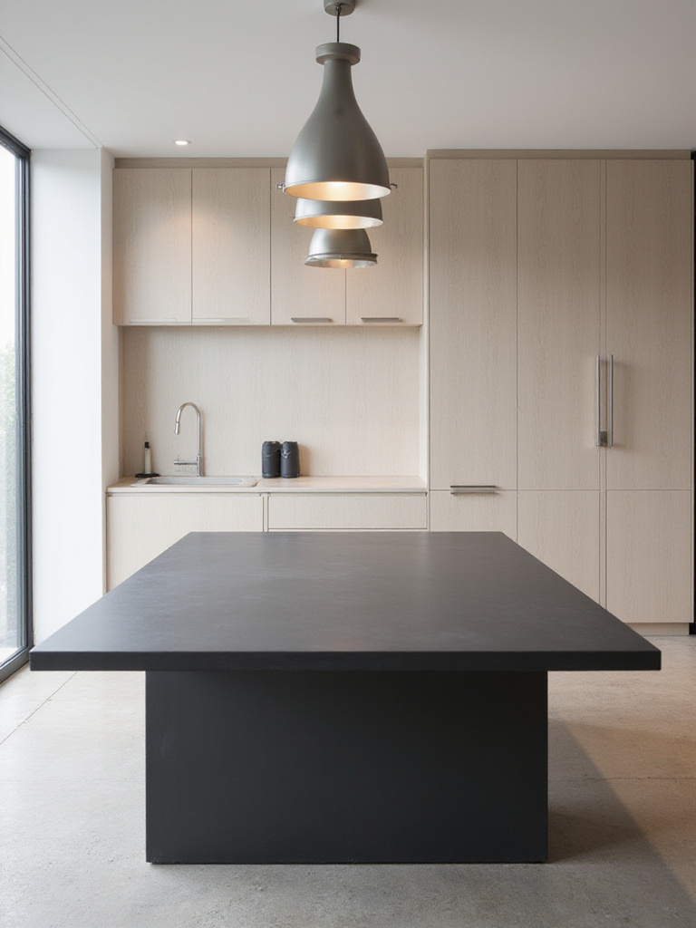 Modern kitchen dining area with a rectangular charcoal grey matte finish table under pendant lights, showcasing a sophisticated, low-glare surface.
