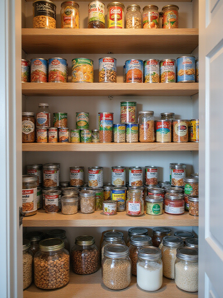 Organized pantry with tiered risers displaying canned goods in a well-lit setting.