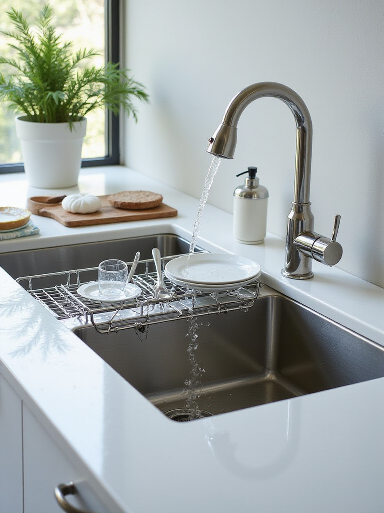 Organized kitchen sink with an in-sink dish drying rack holding dishes, maximizing counter space.