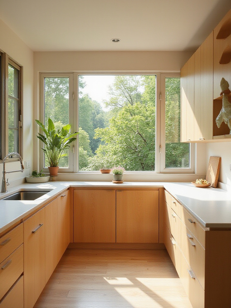 Bright kitchen with large window and light wood cabinets, maximizing natural light.