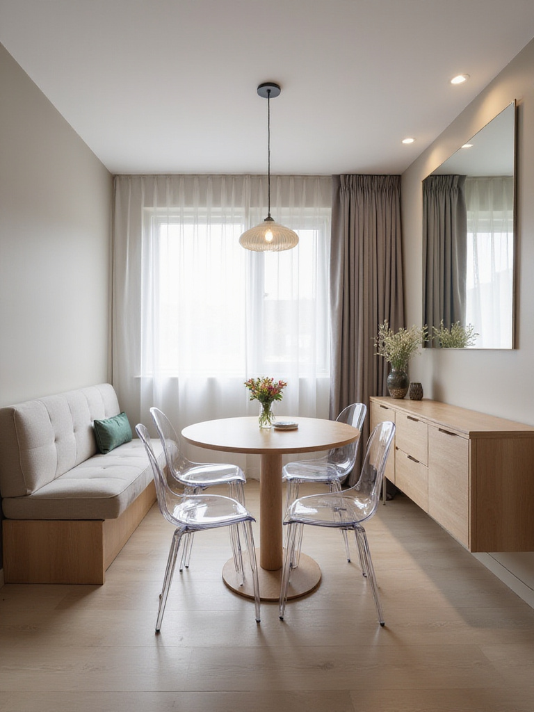 Small dining room design with round table, acrylic chairs, banquette seating, and mirrored wall.