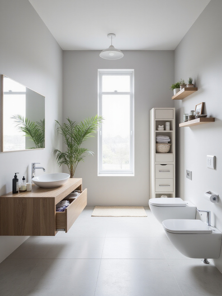 Modern bathroom showcasing various storage solutions including a vanity with organizers, linen tower, recessed shower niches, and floating shelves.
