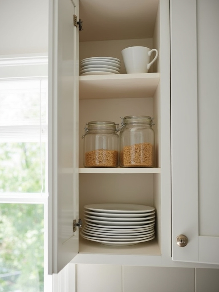 Organized kitchen cabinet with shelf risers showcasing plates and jars in a bright setting