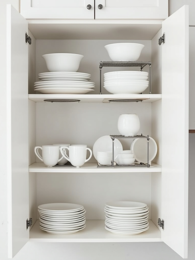 Interior of a kitchen cabinet showing white plates, bowls, and mugs neatly organized on and under wire cabinet risers, demonstrating how to maximize vertical storage space.