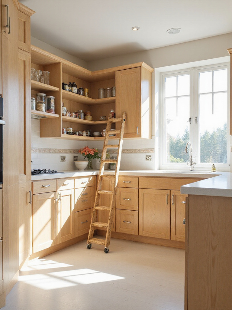 Modern kitchen design featuring floor-to-ceiling cabinets and a rolling ladder for maximizing vertical storage.