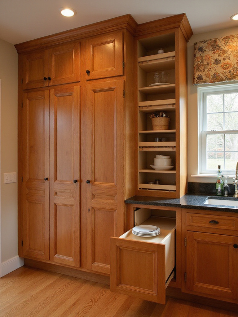 Organized kitchen with tall wall cabinets and efficient storage solutions