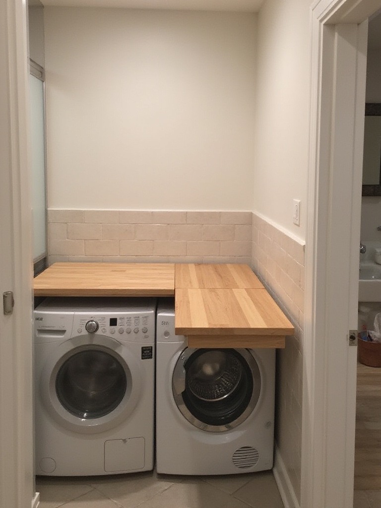 Folding countertop extended over a stackable washer and dryer in a modern laundry-bathroom, providing a folding surface.