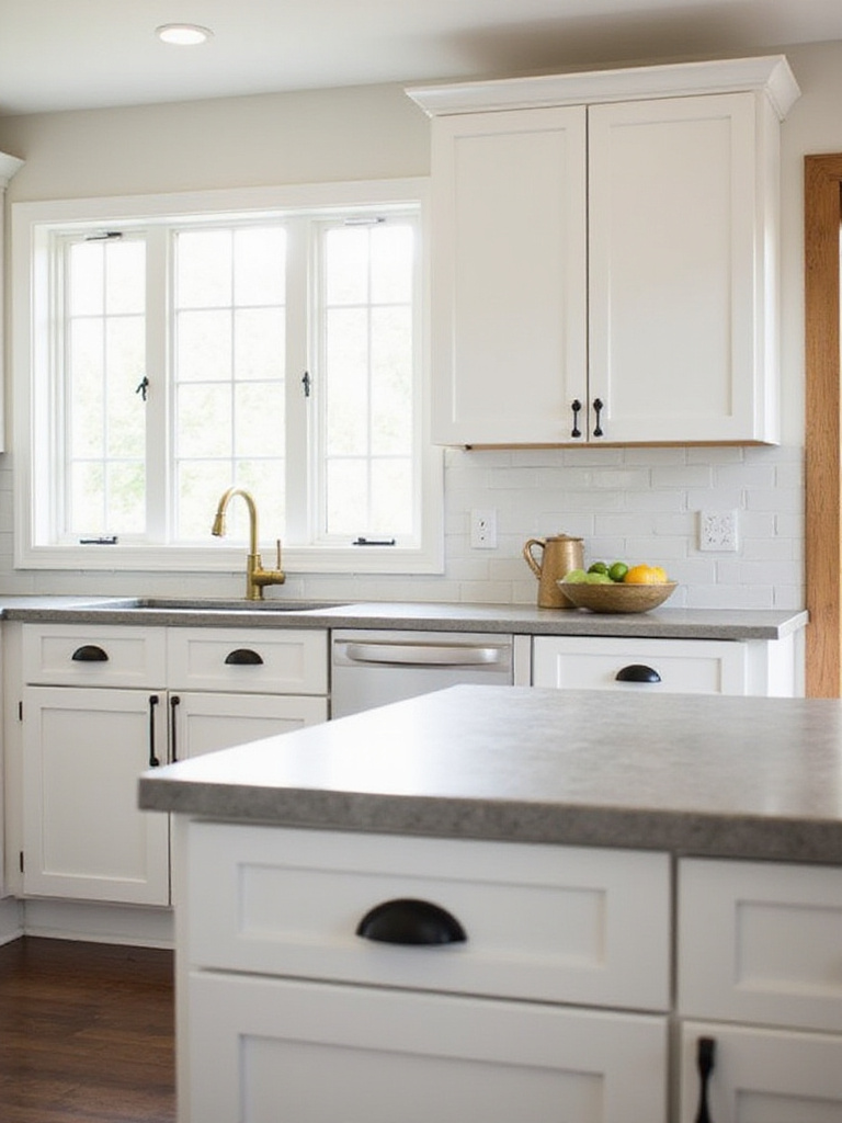 Modern kitchen with mixed cabinet hardware finishes: matte black and brushed brass.