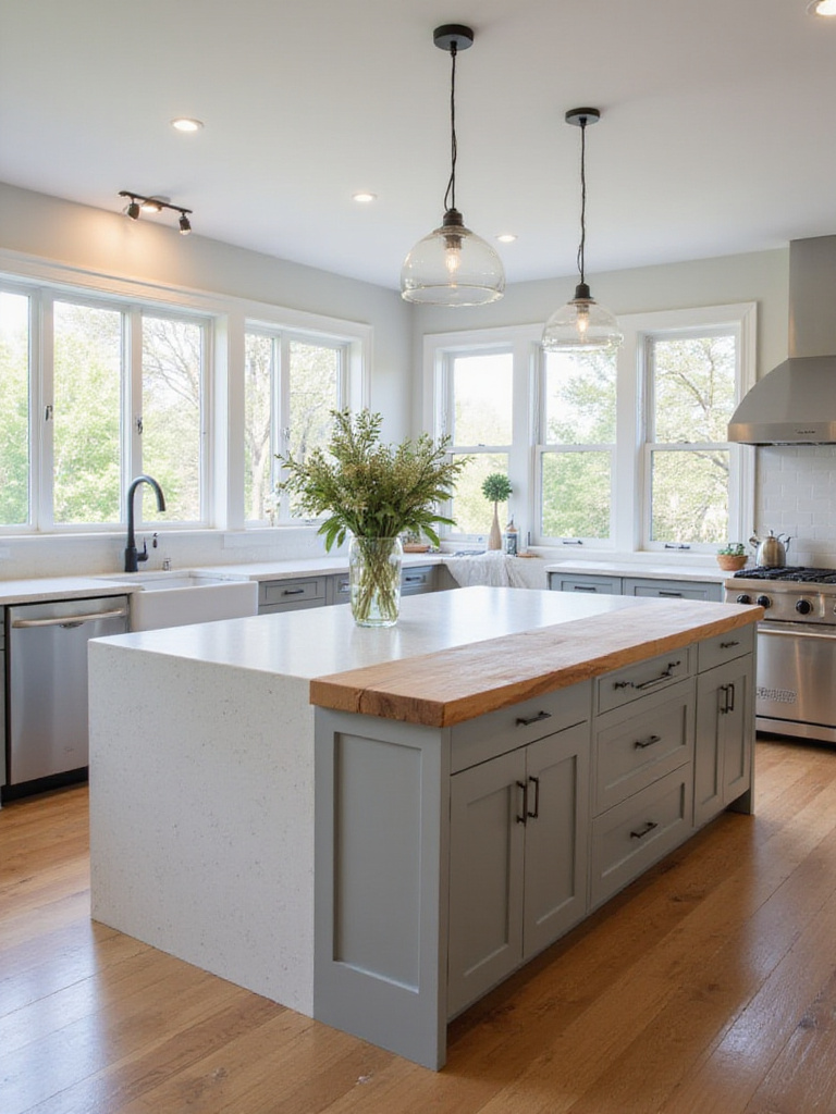 Modern kitchen featuring mixed countertop materials: light grey quartz perimeter countertops and a butcher block island.