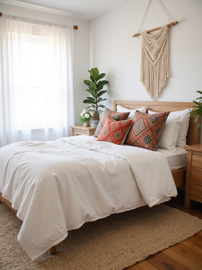 Boho bedroom with mixed global textile patterns on pillows and rug