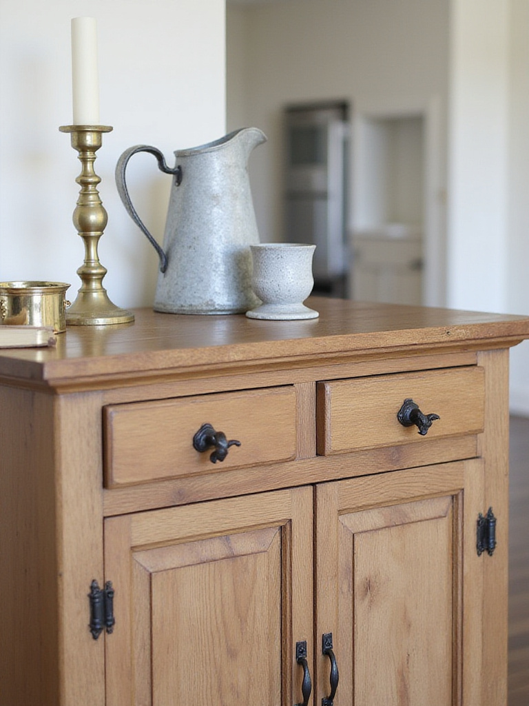 A mix of metal finishes like black iron, galvanized steel, and aged brass used for hardware and decor accents in a farmhouse dining room.