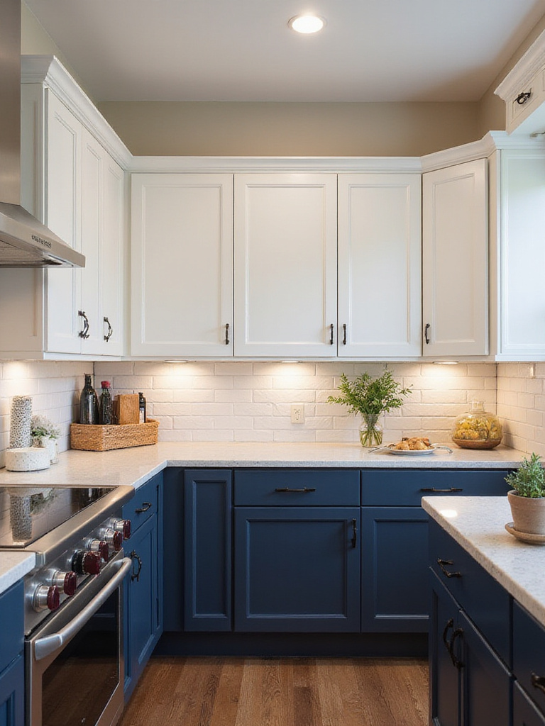 Kitchen with mixed cabinet finishes: white shaker perimeter and navy blue island.