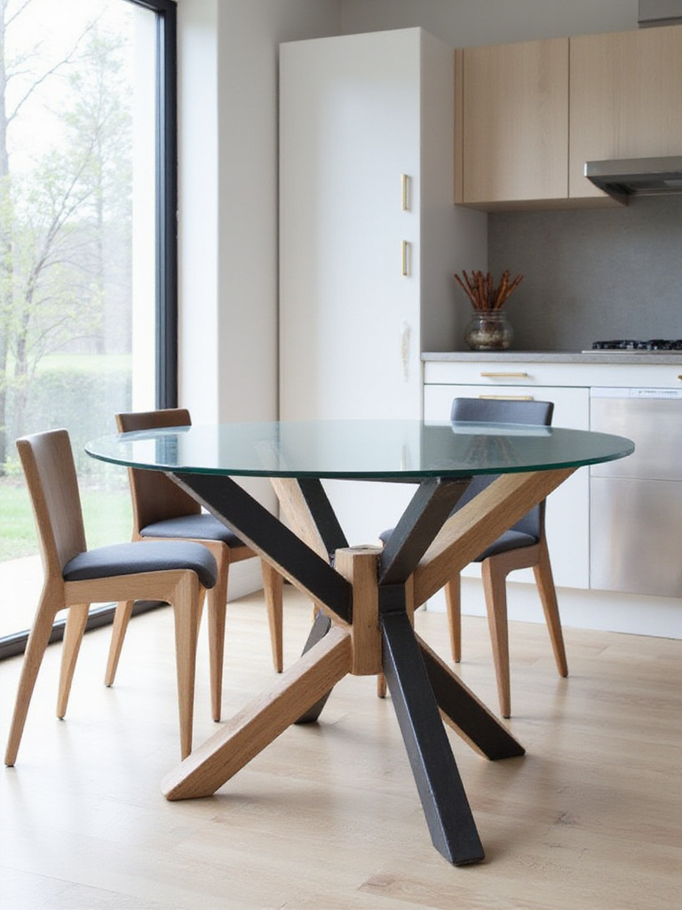 Modern kitchen featuring a stylish dining table with a clear glass top and a base combining dark metal and natural wood elements, illustrating mixed material design.