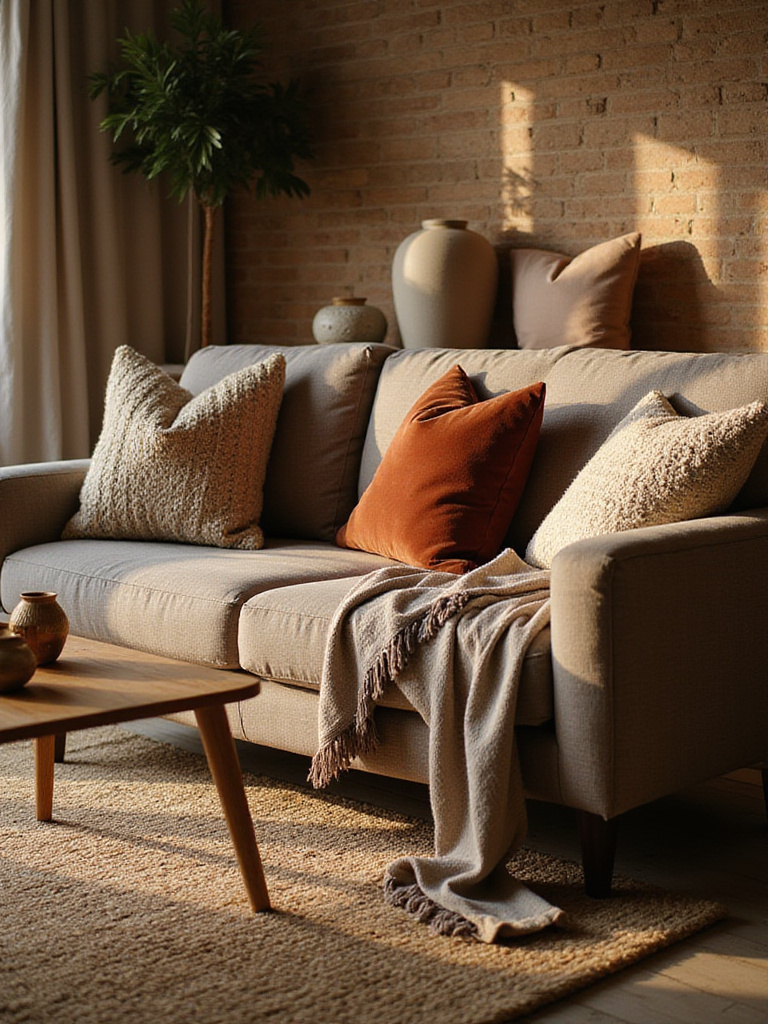 A warm living room interior showcasing a mix of textures, including a layered rug, textured sofa with varied pillows and throw, and a wooden coffee table with decorative objects.
