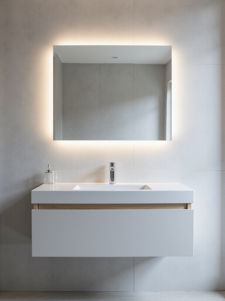 Modern minimalist bathroom vanity with integrated LED lighting and frameless mirror.
