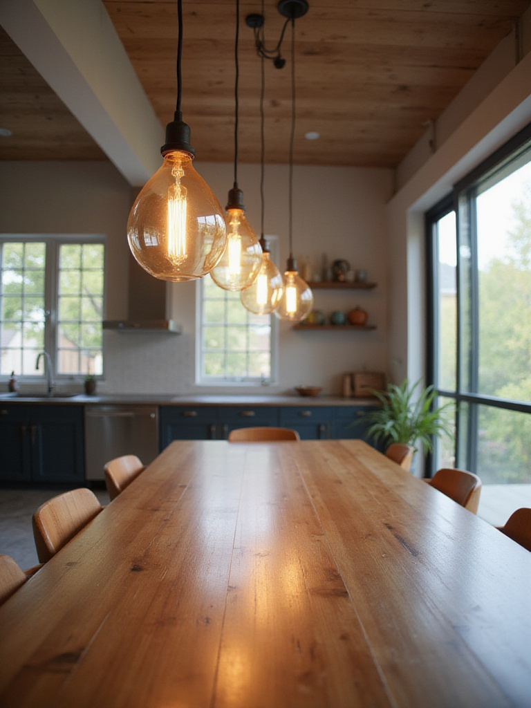 Modern kitchen with three glass pendant lights hanging above a long wooden dining table.