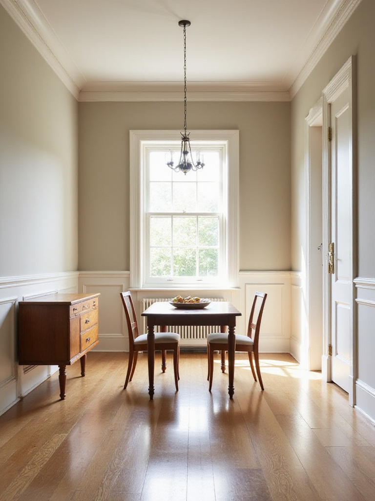 Elegant dining room with walls painted in a warm neutral greige, showcasing a timeless and sophisticated interior design.