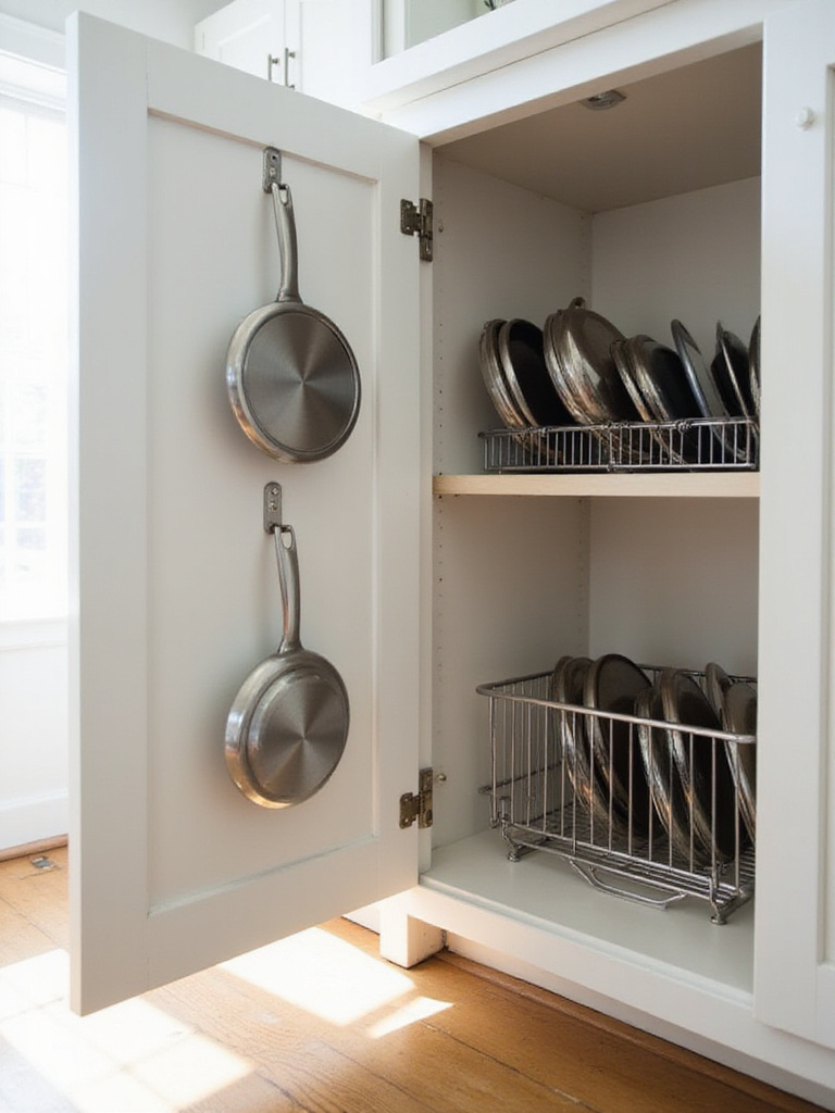 Inside a kitchen cabinet showing pot lids neatly organized using door hooks and a vertical rack.