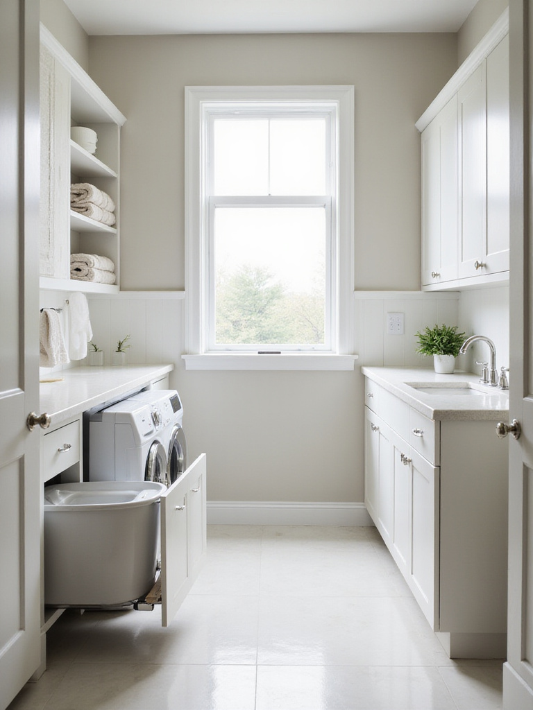 Modern laundry bathroom with a hidden pull-out laundry hamper integrated into sleek white cabinetry, illustrating smart storage solutions.
