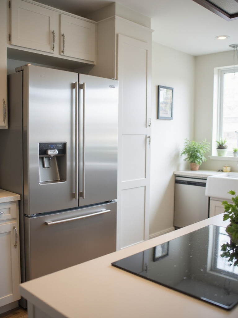 Modern kitchen featuring energy-efficient stainless steel appliances.