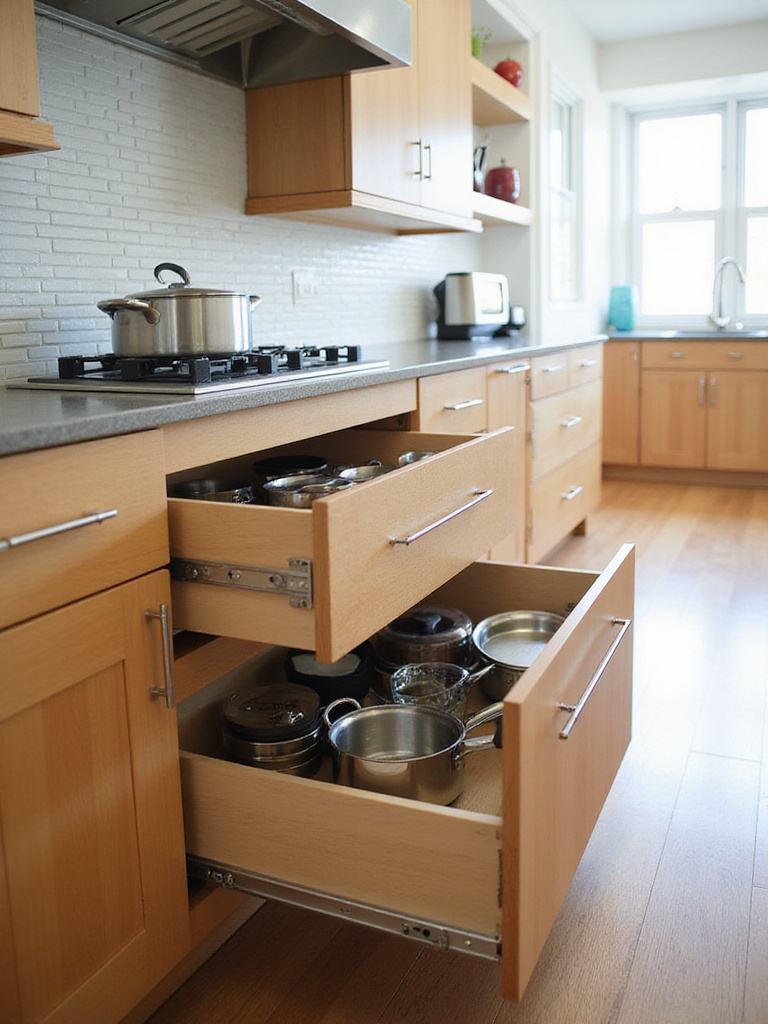 A modern kitchen showcasing base cabinets with full-extension drawers, neatly organized with pots and utensils.