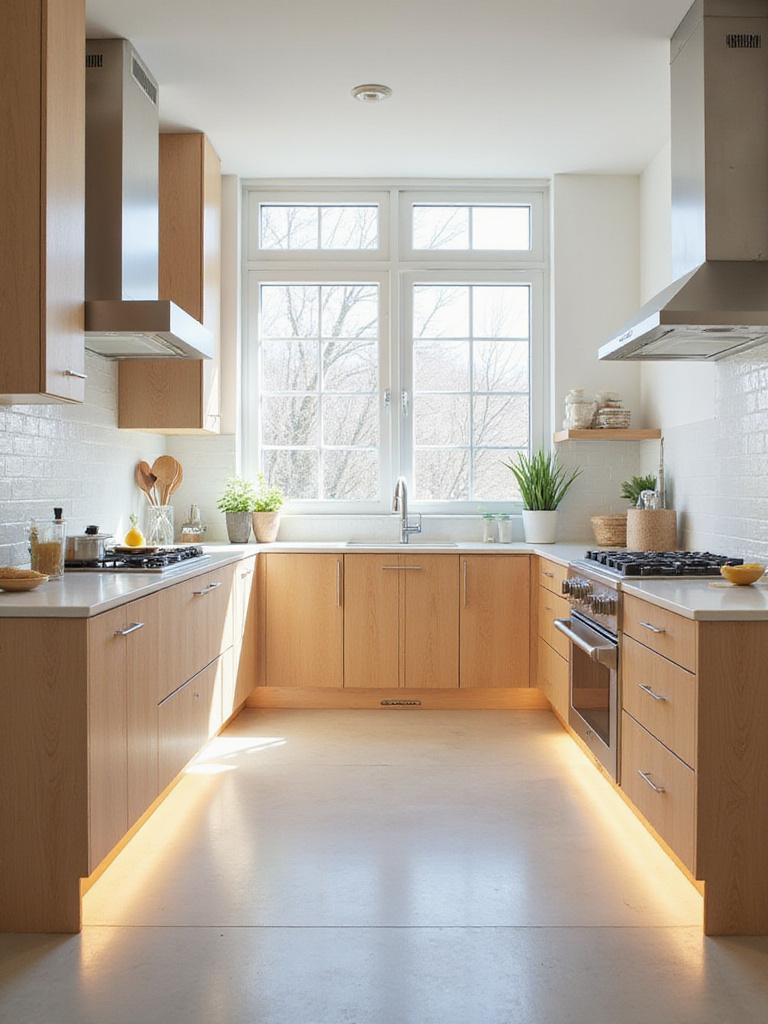 Bright and efficient modern kitchen design with optimized layout for energy flow.