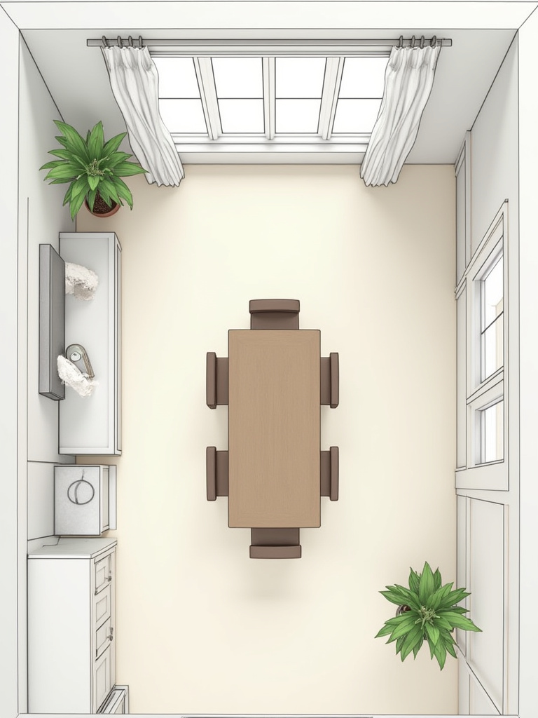 A farmhouse dining room layout optimized for good traffic flow, with ample clearance around the table and chairs for comfortable movement.