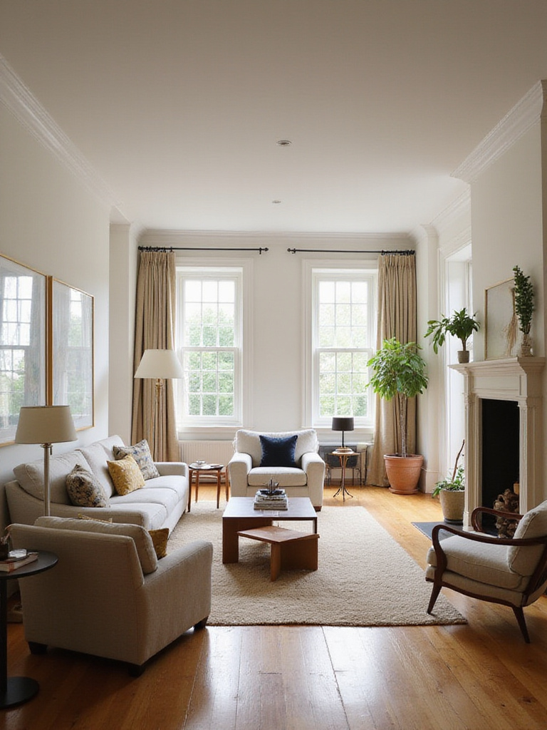 A well-arranged living room layout showcasing clear pathways and defined seating and reading zones. Furniture is placed away from walls, enhancing flow.